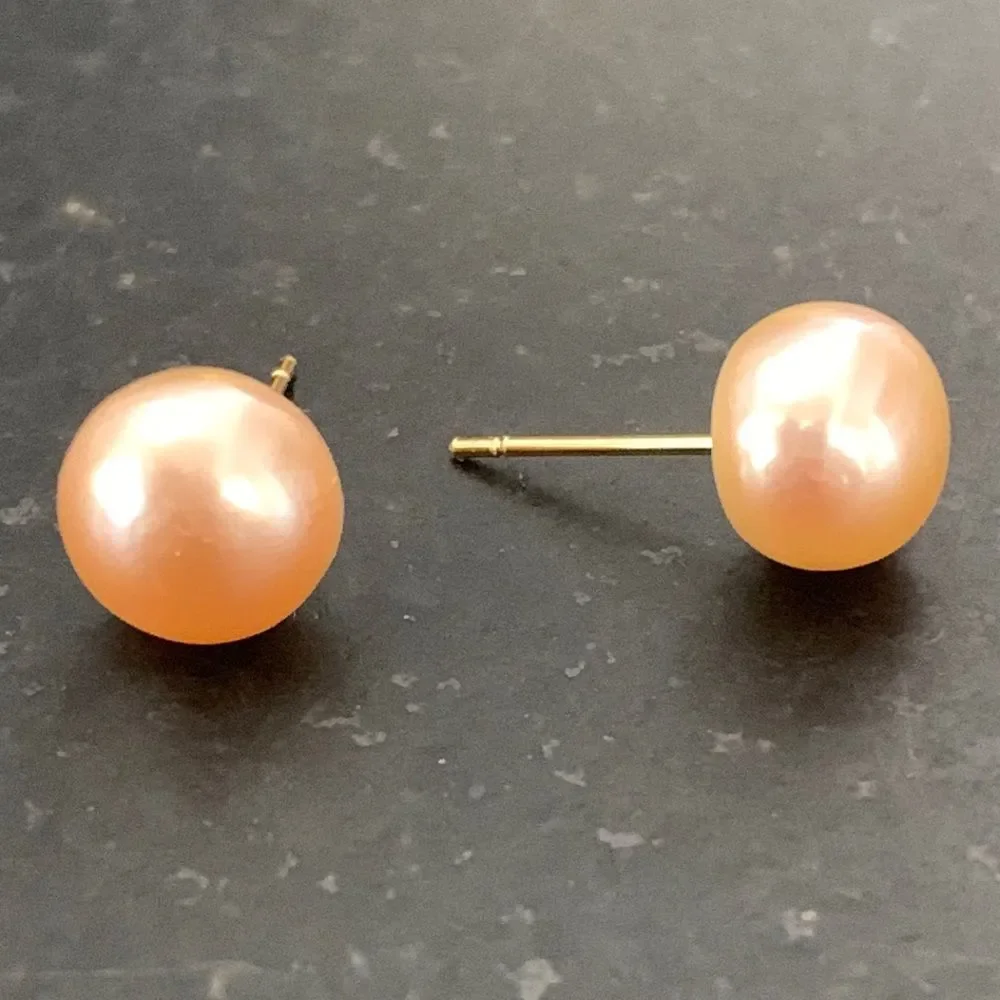 Large Pink Freshwater Cultured Pearl Stud Earrings Silver Tone